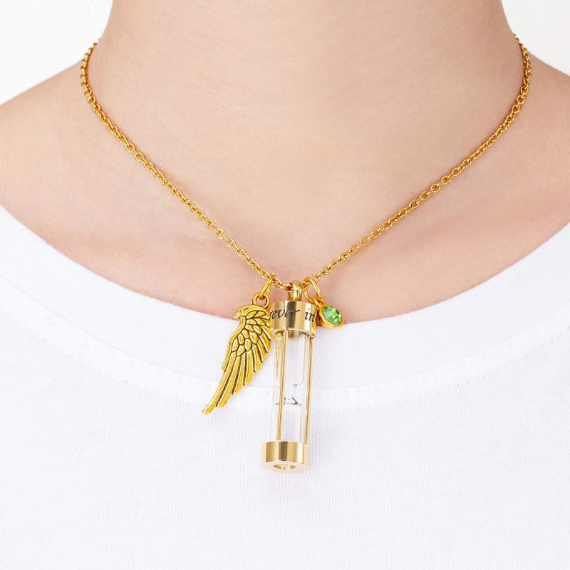 PREKIAR Cremation Urn Necklace for Ashes Time Hourglass Memory Jewelry Pendant Keepsake with Angel Wing and 12 Birthstones Forever In My Heart (Golden hourglass) - Image 4